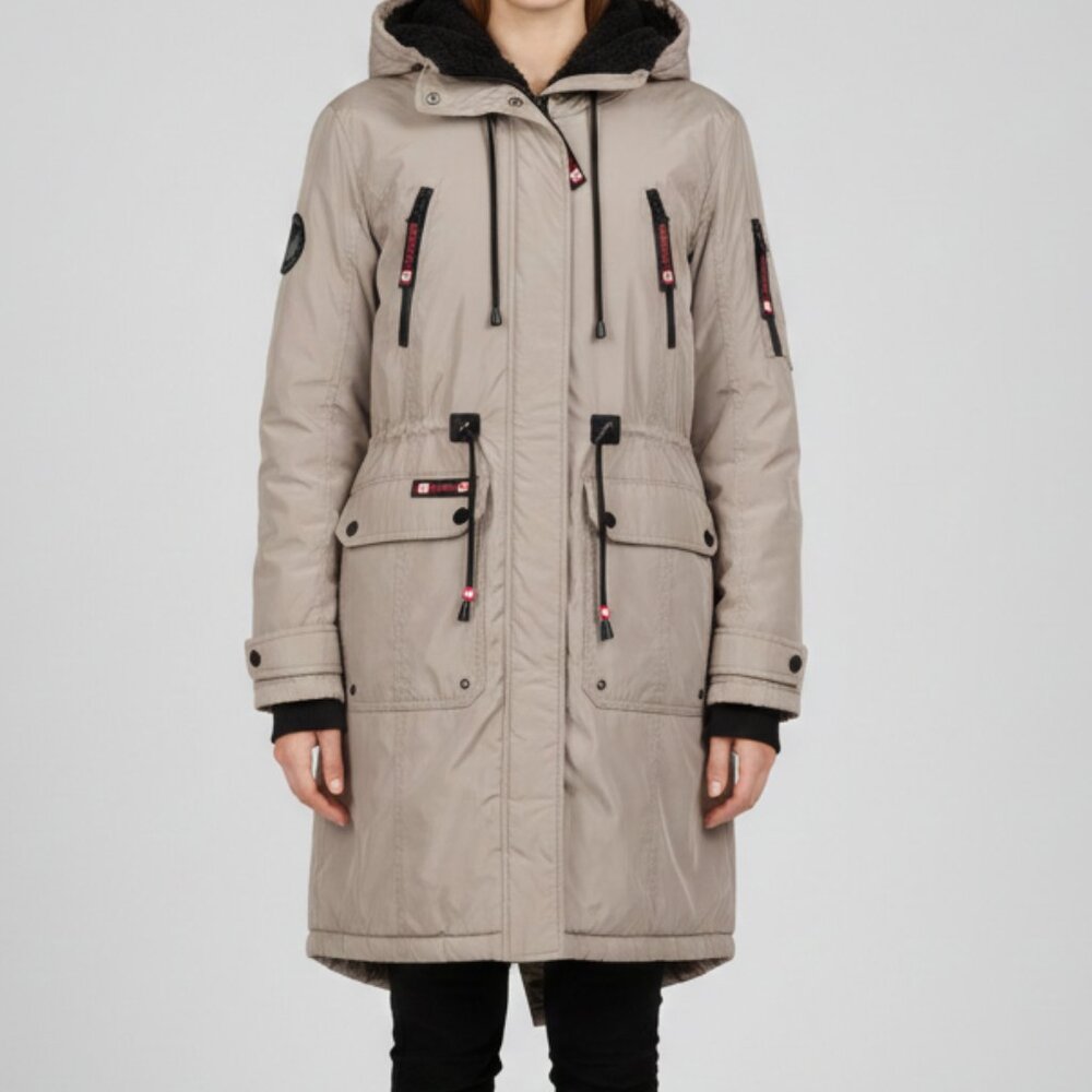 Taupe Hooded Parka Coat with Black Accents